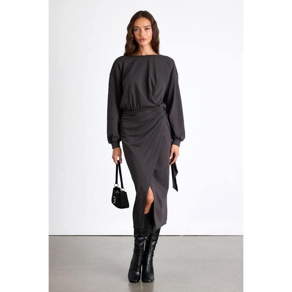 Lulus Eunia Charcoal Grey Jersey Knit Long Sleeve Wrap Midi Dress - Size M